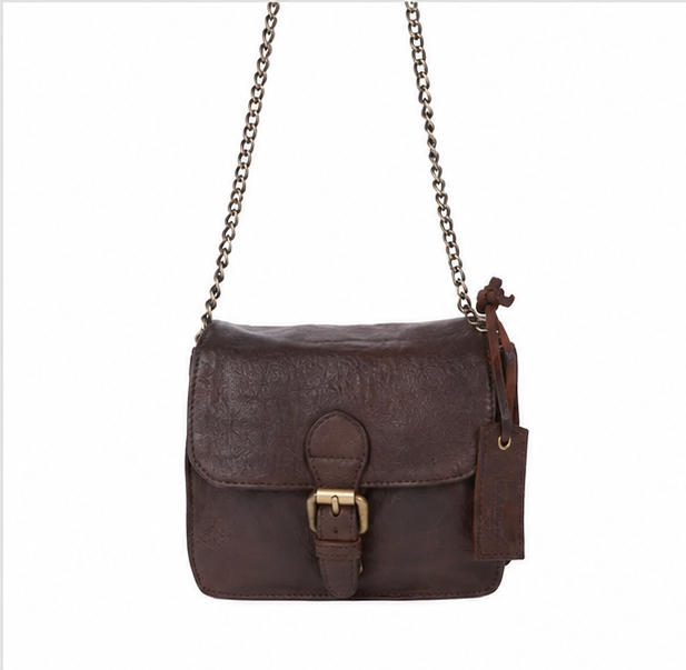 Vintage Brown Leather Chain Crossbody Bag